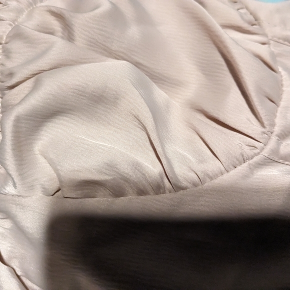 New Champagne Satin Drape Bardot Sleeve Ruched Back Bodycon Dress Size 10 - Picture 7 of 8